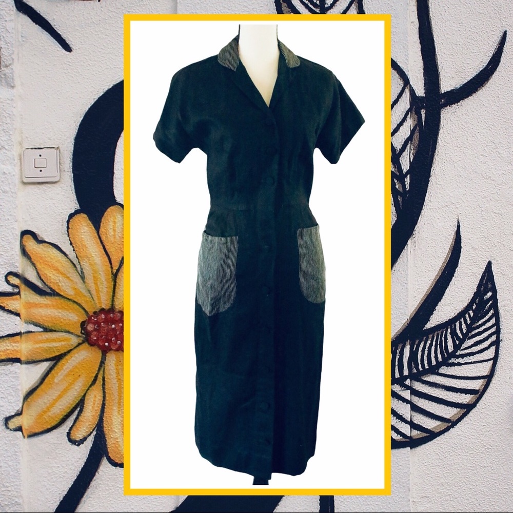 Vintage 40s Ivan Frederics Black  Shirtdress Midi Shirt Dress M  38” Bust